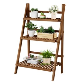 Bamboo Ladder Shelf Plant Shelf, 3 Tier Foldable Ladder Flower Pot Display Shelf Rack, Freestanding Ladder Bookshelf for Garden, Balcony, Yard, Patio, Lawn, Living Room, 23.6"W x 15"D x 39.4"H, Walnut