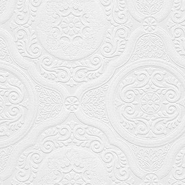 Sample for Display Purpose only.Concord Wallcoverings Paintable Textured Wallpaper Damask Featuring Embossed Floral Ornament, Off White, 7 in x 10 in, 48932