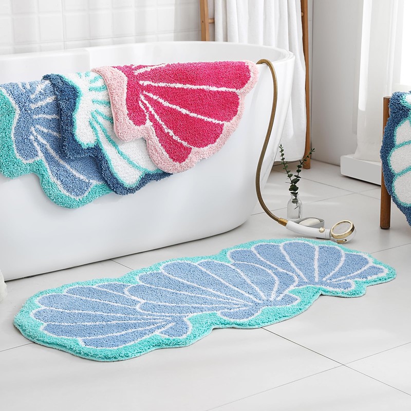 Seashells Bathroom Rug, Bathroom Runner, Blue Bath Rugs, Ocean Decor