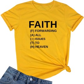 Women Faith Round Neck Printed Graphic Short Sleeve Cute Funny T Shirts TopsColor: Yellow, Size: L
