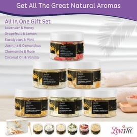 Lovestee Epsom Salt Spa Gift Set of 6 Bath Salts - Coconut Vanilla, Jasmine Osmanthus, Eucalyptus Mint, Lavender Honey, Chamomile Rose, Grapefruit Lemon Epsom Salts for Soaking Bath Gift Set for Women