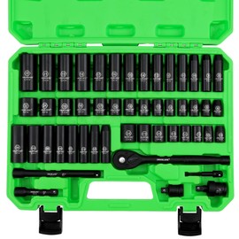 SWANLAKE GARDEN TOOLS 3/8'' Drive Impact Socket Set, 50-Piece Standard SAE (5/16 to 3/4 inch) and Metric (8-22mm) Size, 6 Point, Cr-V, 3/8-Inch Ratchet Handle, Extension Bar, Universal Joint
