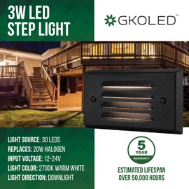 GKOLED 12V 3W Surface Mount Low Voltage LED Step Light with Horizontal Louver Faceplate for Steps Decks Pathway Yard Stairs Fences, IP65 Rated for Outdoor Waterproof, Ideal for Wet Locations (2 Packs)