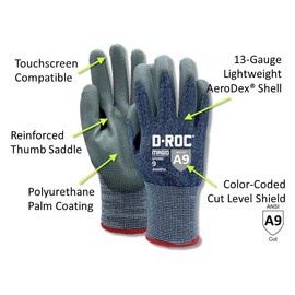 MAGID D-ROC AeroDex ANSI A9 13-Gauge Polyurethane Coated Glove, 1 Pair, Size 6/XS, Blue, GPD982