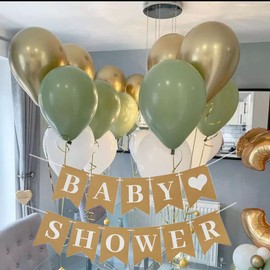 Baby Shower Banner Birthday Bunting with Balloons Sage Green Gold for Birthday Party Decorations