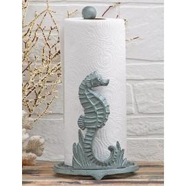 BLACK FOREST DECOR Patina Seahorse Paper Towel Holder – Cast Iron Coastal Kitchen Decor, 6.7" Dia. x 13" H