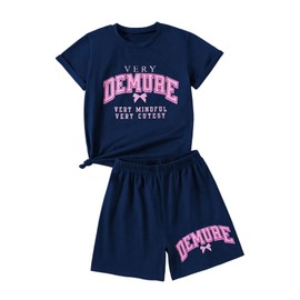 Verdusa Girl's 2 Piece Outfits Letter Print Bow Graphic Tee with Shorts Clothing Set Dark Blue 11 Years