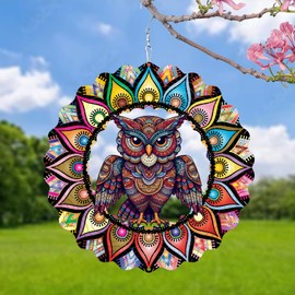 Wind Spinner Owl Mandala 3D Stainless Steel Hanging Decor Laser Cut Metal Geometric Garden Art Decor for Yard Balcony Patios Metal Kinetic Art Ornament Gifts for Women Mom Grandma Wife
