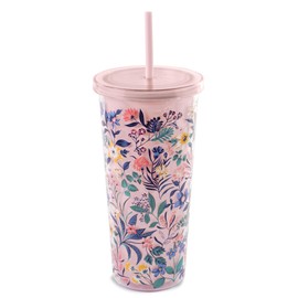 Vera Bradley Travel Tumbler with Lid and Straw, 24 Ounce Insulated Cup, Plastic Double Wall Tumbler, Paradise Coral