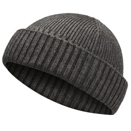 choshion Wool Short Fisherman Beanie for Men Women, Double Cuffed Knit Skull Caps Trawler Beanies Watch Cap Warm Winter Hats, Dark Gray