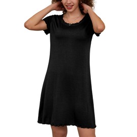 Lucyme Women's Short Nightdress with Ruffles, Short-sleeved Nightdress / Sleepshirt - A-Black, size: xxl