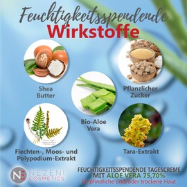 Nezeni Aloe Vera Gesichts-Feuchtigkeitscreme 75,70% | 18 Wirkstoffe | Erhöht die Elastizität der Haut | Gesichts-Tagescreme für trockene und/oder empfindliche Haut. NIEDRIG AN KOSERVIERUNGSSTOFFEN