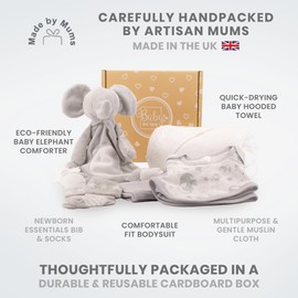 Baby Box Shop - 6 Baby Essentials for Newborn Baby Unisex, Ideal Baby Shower Gifts & Christening Gifts, Includes a Baby Comforter, Grey Hooded Baby Towel, Muslin Cloth, Bodysuit, Bib & Socks