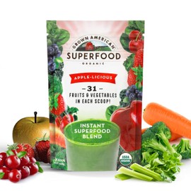 Grown American Superfood - 31 Organic Whole Fruits and Vegetables Concentrated Green Powder Increase Energy and Performance - 100% Certified Organic and Vegan Non-GMO (14 Servings, 1 Bag)