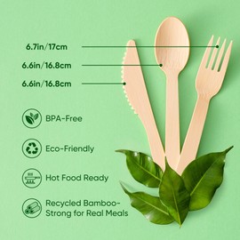 FEHHTO Disposable Bamboo Utensils Set, Compostable Cutlery, Eco-Friendly Disposable Silverware for Parties, Catering, Office Lunches – 100 PCS (50 Forks, 25 Spoons, 25 Knives)