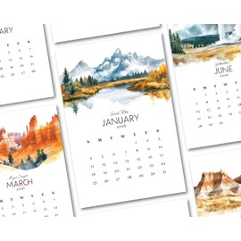 2026 Monthly Office Desk Calendar - National Parks Set 1 - Watercolor Style - Annual 12 Month - 4” x 6” Cards – Calendar Card Refill