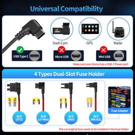 AUCARAUTO Dash Cam Acc Hardwire Kit with USB-C Right Angle Port & LED Voltmeter and 4 Adjustable Low Voltage Protection Switches, 11.5ft Multi-Size Hardwire Kit for Dash Camera 24H Parking Monitoring