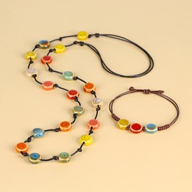 Boho Hippie Colorful Ceramic Beads Strand Necklace Bohemian Jewelry Gift for Women (Plate bead)