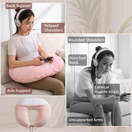 Reading Pillow for Gaming Reading Crochet, U Shaped Arm Support Pillow with Removable Cover Reducing Arching Neck for Adult Reading and Working Sitting on Bed Sofa for Arm Rest (Pink)