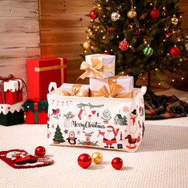 Weysat Christmas Storage Bin Collapsible Large Christmas Baskets for Gifts Empty Snowman Santa Basket with Handles Laundry Organizer Bin for Home Bedroom Cloth Toy Xmas Decor, 16.5 x 12.6 x 9.8 Inch