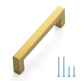 Ravinte 1 Pack Gold Cabinet Pulls 4-1/2 Inch Brushed Brass Kitchen Cabinet Handles Gold Square Kitchen Hardware for Drawer Pulls Come with Screwdriver