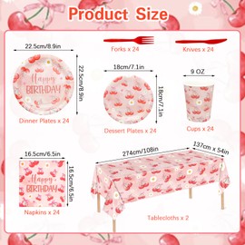 Cherry Birthday Party Decorations Supplies, 146PCS Disposable Party Tableware Set Serves 24, Includes Dinner Plates, Dessert Plates, Cups, Napkins, Forks, Knives & Tablecloth