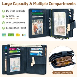 HUANLANG Small Wallets for Women RFID Blocking Leather Bifold Credit Card Holder Ladies Wallet Zipper Pocket with ID Window