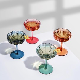 Khen Flower Modern Wavy Glass Coupes Martini, Champagne & Cocktail Coupes - Set of 4-7.7 oz Colorful Cocktail Glasses & Champagne, Prosecco, Mimosa Glassware Copyright Design - Muted Pastel Colors