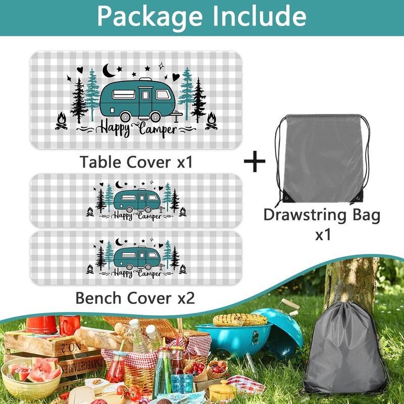 Bcsewcg Buffalo Plaid Fitted Picnic Table Cover with Bench Covers,