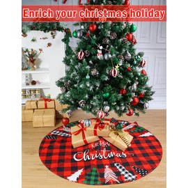 Christmas Tree Skirt 48 Inch Red Rustic Xmas Tree Skirt with Christmas Tree, Black Red Buffalo Plaid Christmas Tree Skirt Ornaments for Merry Christmas Holiday Party Decorations Indoor Outdoor