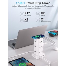 Regleta de alimentación de torre con cargador inalámbrico, protector de sobretensiones de torre con enchufe plano y cable de extensión de 6 pies, 12 s