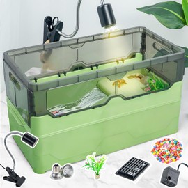 Complete Turtle Tank Kit with Heat Lamp Filter and Wheels Aquatic Turtle Habitat and Aquarium for Small Turtles Hermit Crabs and Frogs Featuring Escape Proof Design and Easy Move Mobility Green