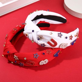 PHALIN 2PCS American Flag Headband for Women 4th of July Headbands Rhinestone Beaded USA Star Headband Embellished Red Blue Knotted Headband Patriotic Headband 4th of July Accessories (2PCS G)