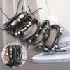 Tashce Pack of 5 Black Leather Bracelet Men's Braided Wide