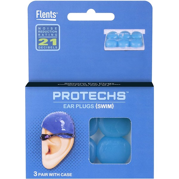 Protechs Ear Plugs for Swimming, 3 Pair with Case, NPR 21