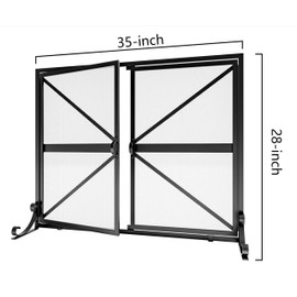 Fire Beauty Fireplace Screen with Doors, 2-Pannel Handcrafted Solid Wrought Iron Decorative Mesh,Baby Safe Proof Firewood Burning Stove Accessories(Black)