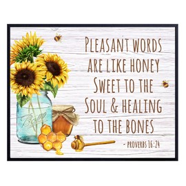 Proverbs Bible Verses Wall Decor - Bee Wall Decor - Inspirational Christian Sayings Decor - Honey Bee Decor - Religious Gifts for Women - Sunflower Wall Art - Country Farmhouse Spiritual Scripture
