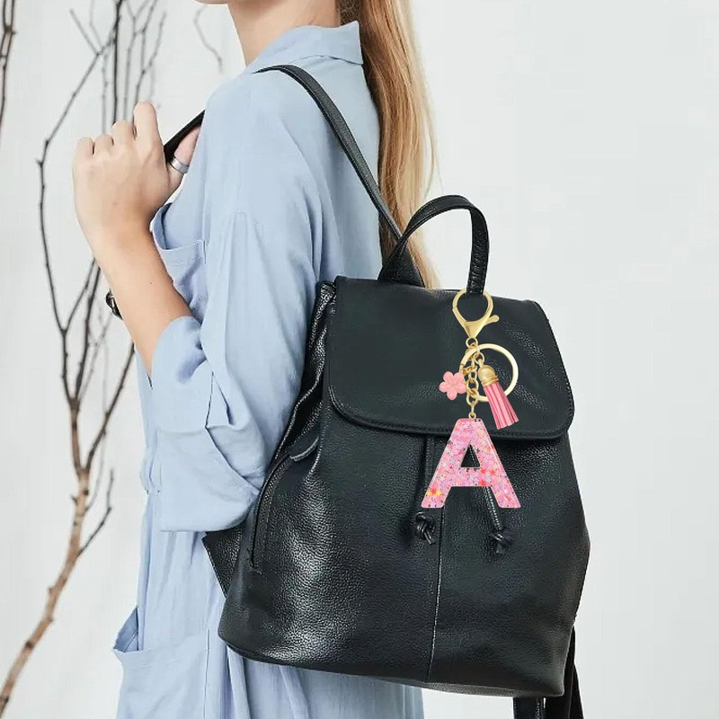 ePicsoa Letter Key Ring Flower Key Chain Sequins, l, L