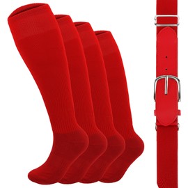 Oblihumoy Baseball Socks and Belt Combo Set Softball Football Socks and Elastic Waist Belt for Youth Adult Red