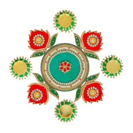 Designer Flower Rangoli with Jute Ring Tea Light Holder Reusable Rangoli Acrylic Indian Traditional Ganpati Ganesha Festival Diwali Decoration Home Decor Gift for Home Interior Floor (Size:-12")