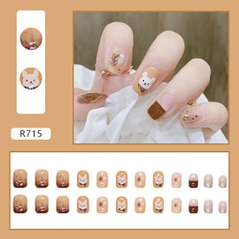 Press on Nails Short Square Length Full Cover Reusable False Nails Kits, Glue on Nails with Cute Rabbit Designs Artificial Glossy Fingernails Acrylic Fake Nails for Women Stick on Nails Coffin Shape