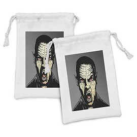 Lunarable Vampire Fabric Pouch Set of 2, Angry Scary Male Vampire Bloodthirsty Hungry Demon Ears Zombie Fangs Biting, Small Drawstring Bag for Toiletries Masks and Favors, 9" x 6", Black Red Yellow