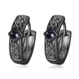 Black Hoop Earrings for Men Sterling Silver Celtic Natural Black Onyx Agate Celtic Knot Huggie Hoop Earrings for Men Women