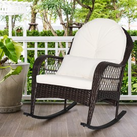 Tangkula Outdoor Wicker Rocking Chair, All- Weather Rattan Armchair w/Heavy-Duty Steel Frame, Patio Glider Rocker Chair w/Thick Cushions & Lumbar Pillow for Poolside, Garden, Porch, Backyard