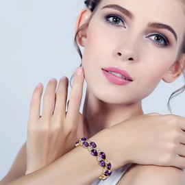 Ever Faith Cubic Zirconia Wedding Bridal Bracelet, 2 Layers Teardrop CZ Tennis Bracelet for Women Girls Purple Gold-Tone