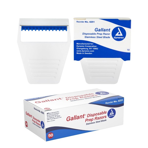 Dynarex Gallant Disposable Prep Razors, Used before ECG and other Procedures, Disposable Razors with Open Design, Ergonomic Surgical Prep Razors, 1 Box of 50 Razors