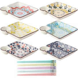 6 Pack Dumpling Plate with Dipping Saucer 7.17 in Ceramic Sushi Plates Chips and Dip Plate Japanese Sushi Platter with 5 Pairs of Chopsticks Square Serving Plate with Dip Saucer for Home Kitchen