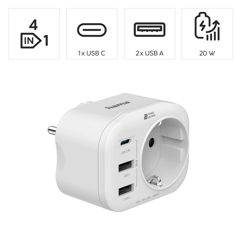 Hama Multiple Plug 4-Way (1 USB-C PD, 2 USB-A, 1