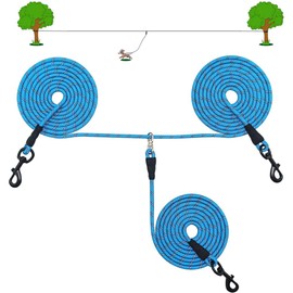 Boswany 20 FT Dog Trolley System with 8 FT Runner Lead, Tie Out for 2 Dogs, Reflective Nylon Rope Long Tether for Yard Camping, 1/3 Inch Outdoor Leash for Two Pets, Blue