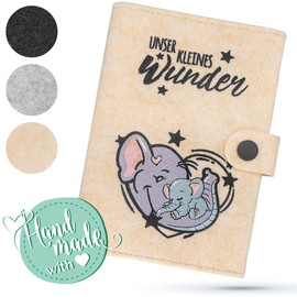 Emadele Mother and Child Passport Cover Elephant 'Unser Kleines Wunder' Beige Felt Handmade Maternity Pass Organiser Compartments for Ultrasound Images, Vaccination Certificate Cover Format for